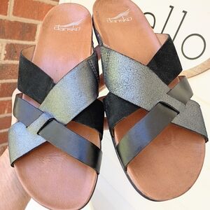 DANSKO SZ 40 9.5-10 "JOHANNA" BLACK/SHIMMERY SILVER SLIDE IN SANDALS LN RTL $139